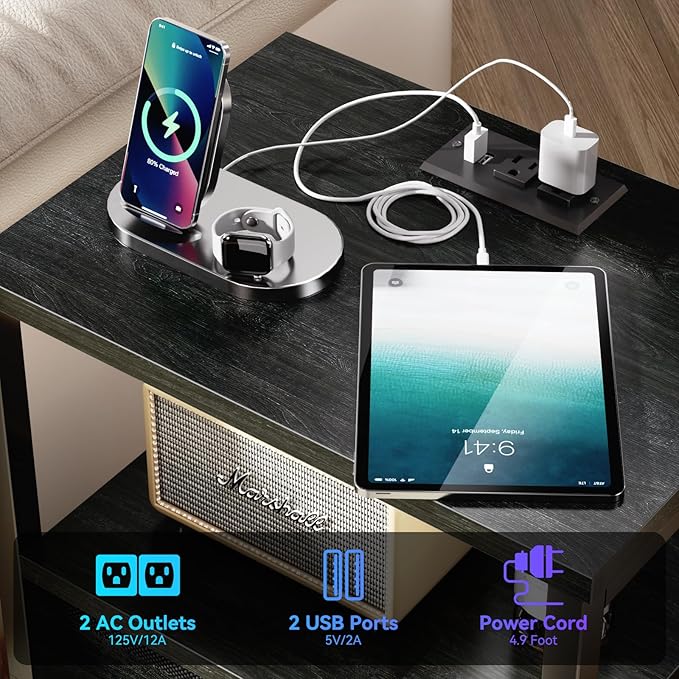 Furologee Nightstands with Charging Station, End Table with LED Lights, Black Night Stands with 2 Fabric Drawers, Bedside Tables with Shelves for Living Room/Bedroom,Black Oak