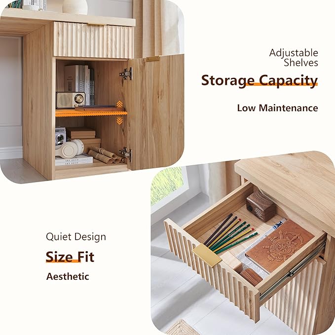 60" Fluted Office Home Desk, Reversible Left‑Right Cabinet, Built‑in Outlet | Reversible design lets you fix the cabinet on left‑hand or right‑hand side to fit your room layout