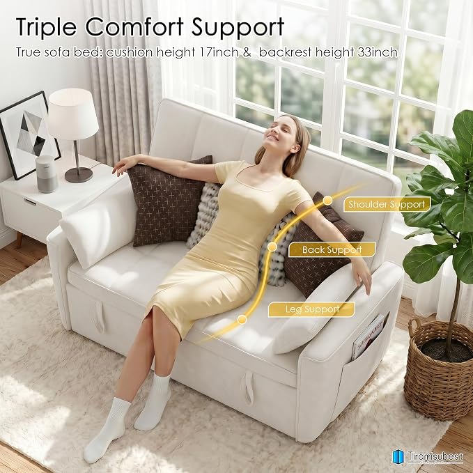54'' Sleeper Sofa Bed, Convertible Pull Out Couch Futon for for Living Room,Apartment (Beige, Loveseat) Side Pockets, Velvet Fabric, Adjustable Backrest, Pull-Out Bed, Easy Assembly