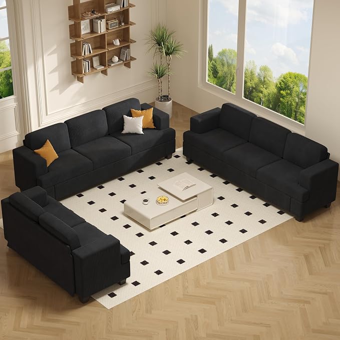 Apicizon Modern Loveseat & 3-Seater Sofa Set of 3, Corduroy Couch 3 Piece Sofa Set for Living Room, Modern Lounge Sofa Couches for Apartment Lounge, Black Corduroy