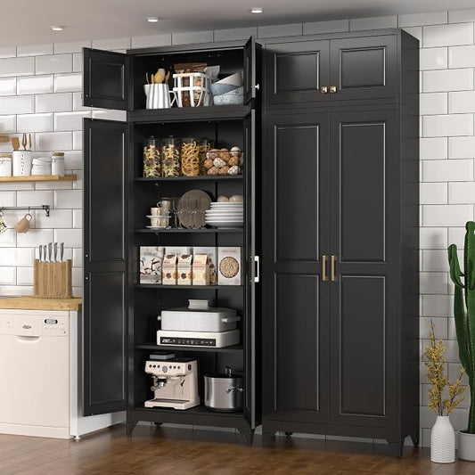 Polup Kitchen Pantry Cabinet, Metal Food Pantry cabinets with Doors and Shelves, 90" Tall Storage Cabinet for Dining, Living Room, Black, 16" D x 32" W x 90" H, Assembly Required