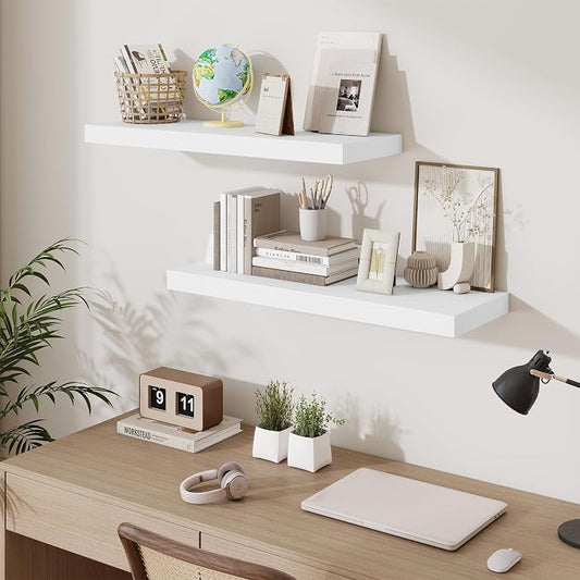 Fun Memories Floating Shelves for Wall, 32 Inch Long Floating Shelves Set of 3, 32 x 10 Wooden Shelves for Wall, Large Storage Shelves, Hanging Shelves for Bathroom Kitchen Bedroom, White