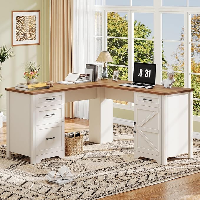 Halitaa 59” L Shaped Executive Desk with Power Outlets, Farmhouse Home Office Desk with File Drawer,Storage Cabinet, Wood Corner Sturdy Writing Workstation.White-Brown