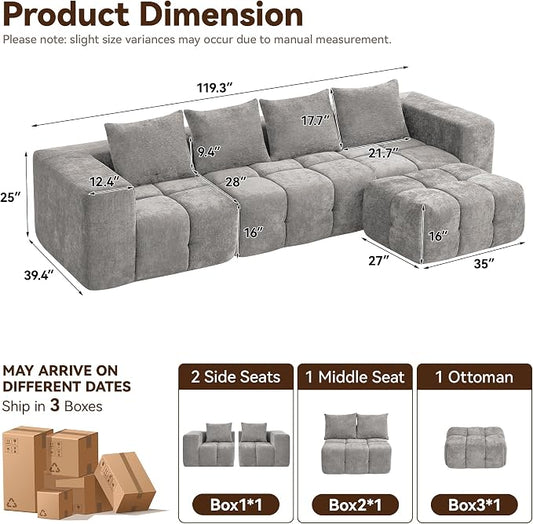 119" Boneless Couch, Oversized Cloud L Shaped Couch, Modular Sectional 4 Seater Sofa with Deep Seat, Modern Sectional Memory Foam Couches for Living Room, Tufted Sofa, No Assembly Required, Light Grey