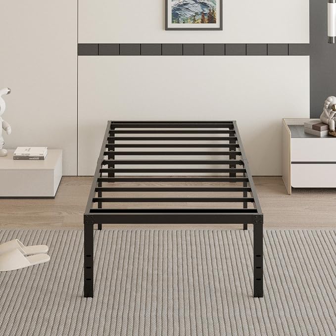 Cieemine 18 Inch Twin Bed Frames with Black Bed Cover, Metal Twin Size Bed Frame No Box Spring Needed, Heavy Duty Mattress Foundation, Easy Assembly, Noise Free