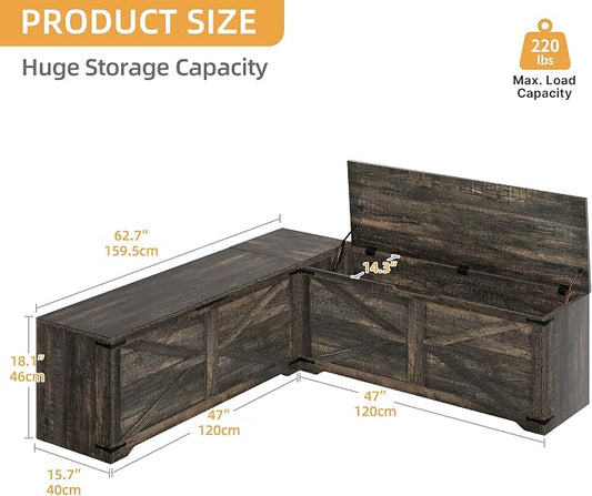 DWVO L-Shaped Storage Bench, 18" High Corner Dining Bench with Safety Hinges, Wooden Nook Chest for Living Room, Bedroom | Safety Hinges, Wooden Nook Chest for Living Room, Bedroom