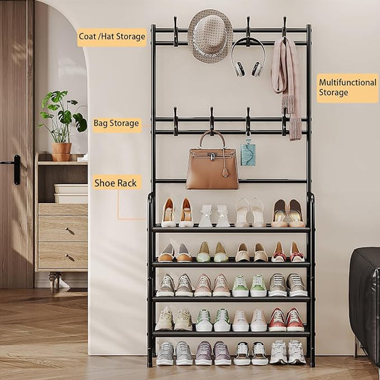 Coat Rack Shoe Rack With Storage Shelf Freestanding with 8 Hooks for Entryway Bedroom Closet 4 Tier, Black