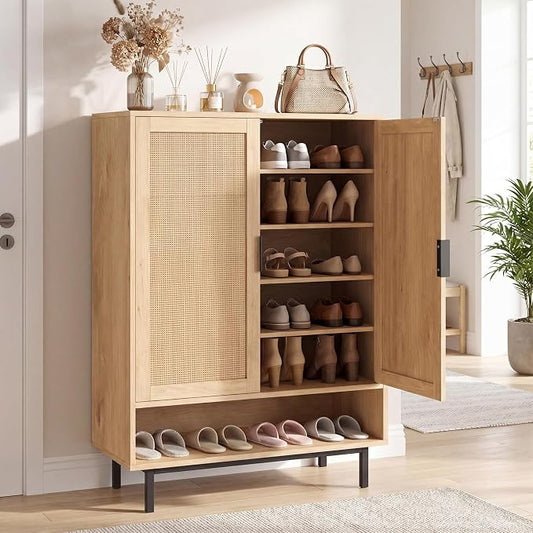 LOKO Shoe Storage Cabinet with 2 Doors, 6-Tier Rattan Shoe Organizer with Adjustable Shelves & Open Compartment, Freestanding Hidden Shoe Cabinet for Entryway, Closet & Living Room (Natural)