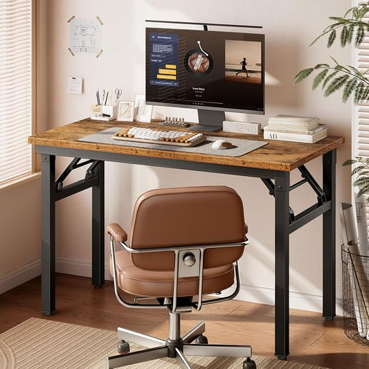 DlandHome Folding Desk for Small Spaces, 35.8 in Computer Desk Folding Table, Foldable Office Desk Writing Workstation for Home Office, Study, Bedroom, No Assembly Required, Retro & Black
