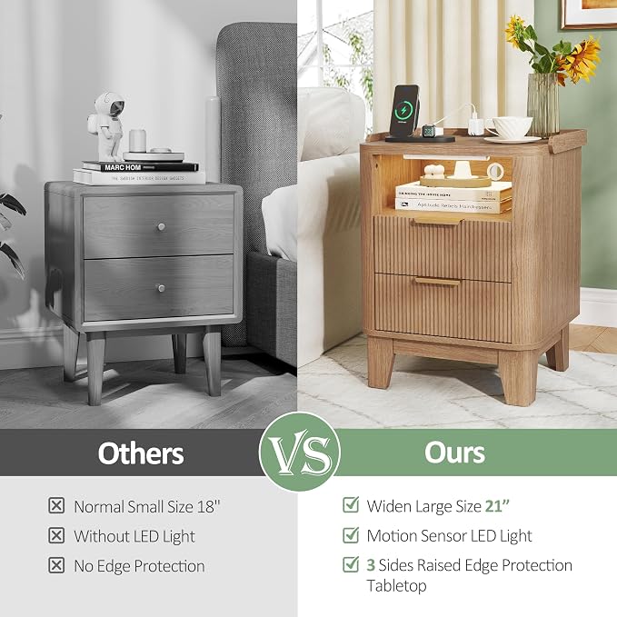 Turosur Night Stand with Charging Station, Fluted NightStand with LED Light and 2 Drawers, Wood Bedside Table with Open Storage, Modern
