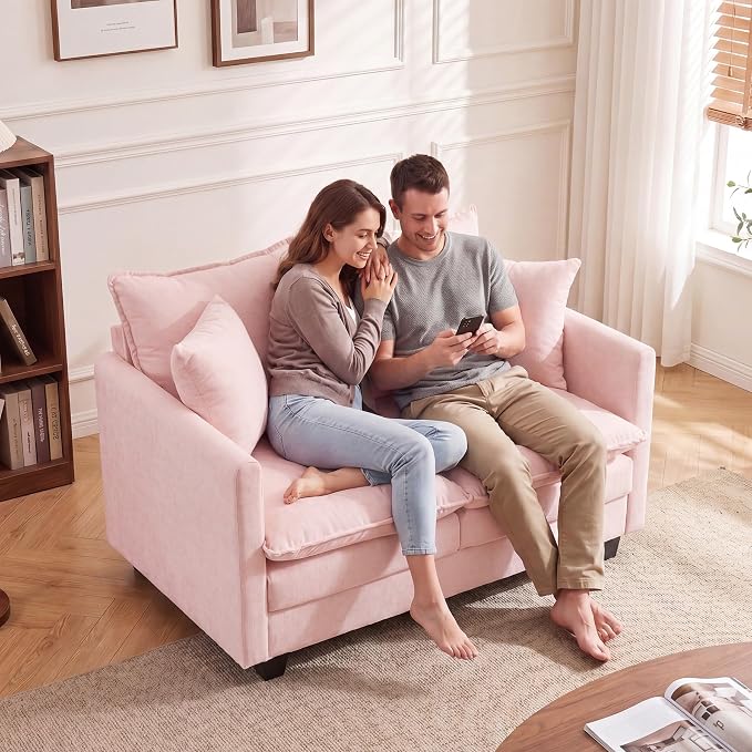 50'' Loveseat Sofa Cloud Sofa Couch, Modern Loveseats 2 Seat Couch 27" Deep Seat with 2 Pillows for Small Spaces Apartment Studio Office Bedroom Living Room, Pink