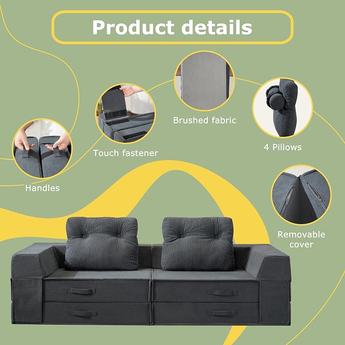 Folding Sofa Bed, 4 in 1 Convertible Sleeper Chair with Pillow, Loveseat Memory Foam Fold Out Chair Bed, Modern Floor Futon Sofa Couch Mattress for Living Room/Guest/Apartment, Black Grey | Compressed sofa
