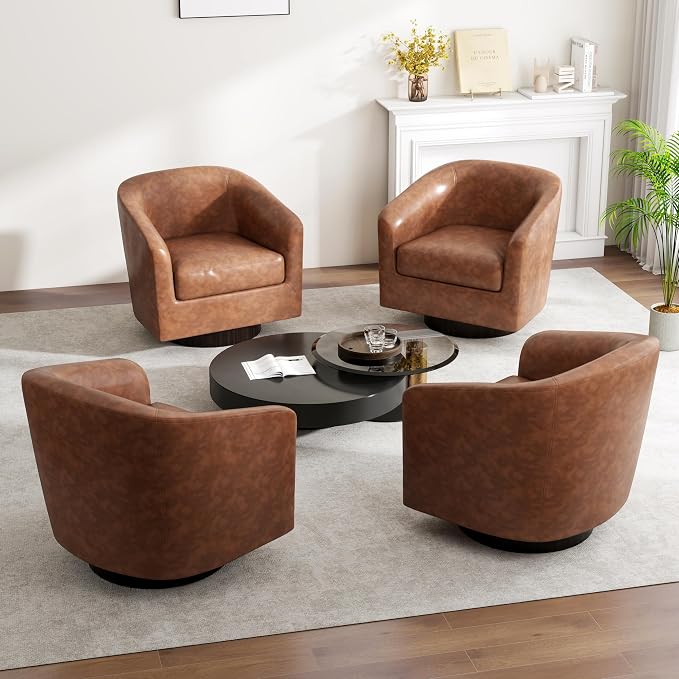 Swivel Barrel Accent Chair, Modern Round Faux Leather Arm Chair for Living Room, Bedroom, Comfy Club Reading Chairs for Adults(Faux Leather, Coffee, Set of 2)