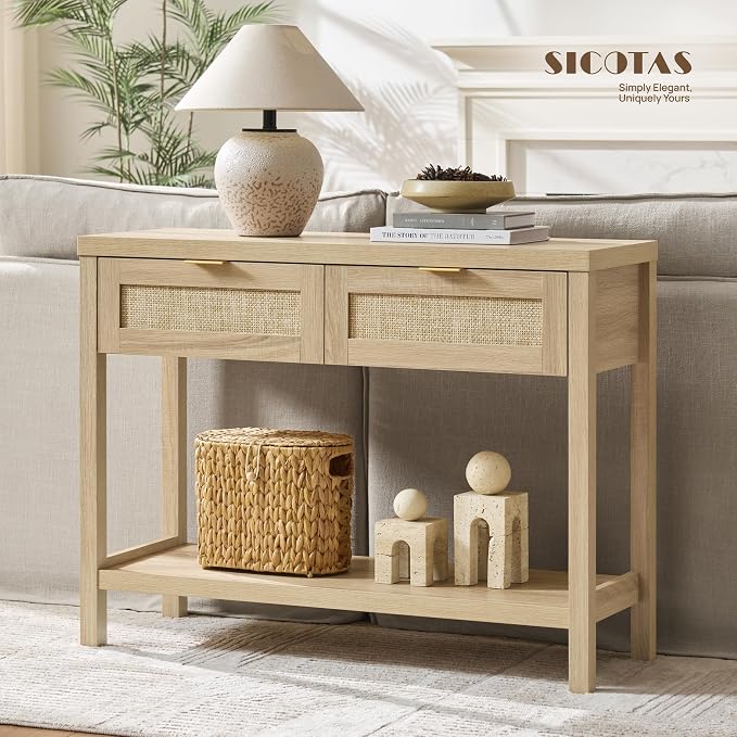 SICOTAS Console Table Set of 2 - Boho Entryway Table with Storage and Rattan Drawers, 2 Tier Shelf, Narrow Long Sofa Tables for Living Room, Natural Entry Table for Hallway, Foyer