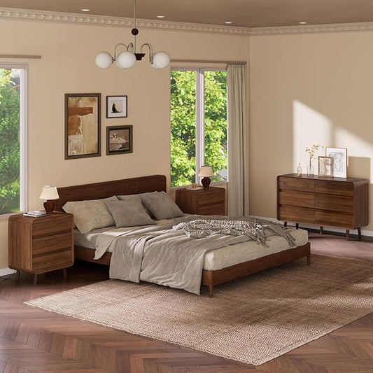 Nasonet 6 Drawer Dresser and 3 Drawers Nightstands Set with Charging Station, Wood Mid-Century Modern Dresser and Nightstand 3 Pieces for Bedroom, Living Room, Walnut