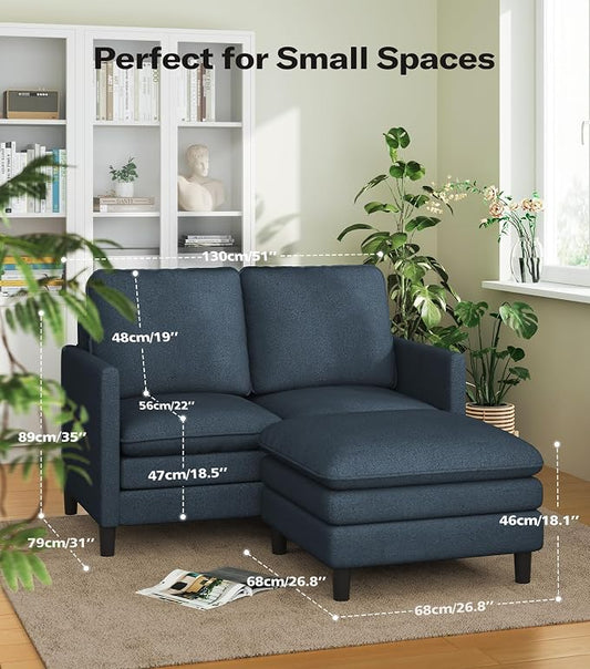 Welzona 3-Layers Cloud L Shaped Couch, 51" Loveseat Sofa Living Room, Bedroom - Tool-Free Assembly with Teddy Fabric Small L Shape Sofa - Blue Grey - Removable Washable Covers - 650lbs Capacity