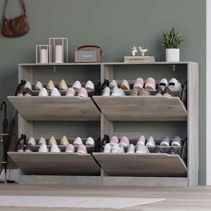 BORNOON Shoe Cabinet with 4 Flip Drawers, Narrow Hidden Shoe Storage Cabinet, Slim Freestanding Shoe Rack Organizer for Entryway, Hallway, Bedroom, Living Room