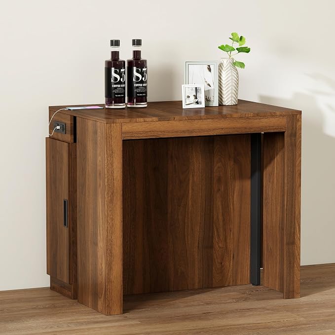 Expandable Dining Table, Transformer Console Table with Charging Ports & Storage, Extendable Folding Dining Room Table for 10-12 People, Space Saving Furniture, Walnut