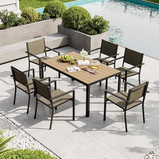 Aoxun 8-Piece Patio Table and Chairs Set & 15ft Patio Umbrella for 6, All Weather Outdoor Dining Set with 6 Textilene Chairs and 1 Rectangular Metal Table for Backyard, Garden, Brown/Blue