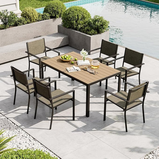 Aoxun 8-Piece Patio Table and Chairs Set & 15ft Patio Umbrella for 6, All Weather Outdoor Dining Set with 6 Textilene Chairs and 1 Rectangular Metal Table for Backyard, Garden, Brown/Beige