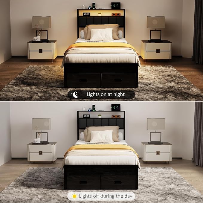Twin Bed Frames with Storage Drawer, Platform Bed with Charging Station and LED Lights, Upholstered Headboard with 2-Tier Storage Shelves, No Box Spring Needed