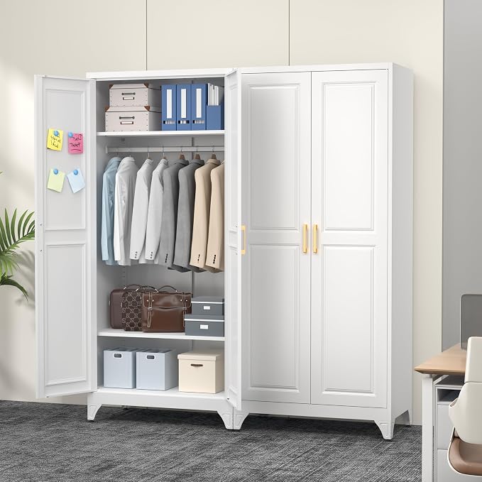 Polup Metal Armoire Wardrobe Closet with Doors and Shelves, 71" Tall Freestanding Wardrobe Cabinet for Hanging Clothes, Large Closet with Hanging Rod for Bedroom, Office, School, Employee, Gym, White