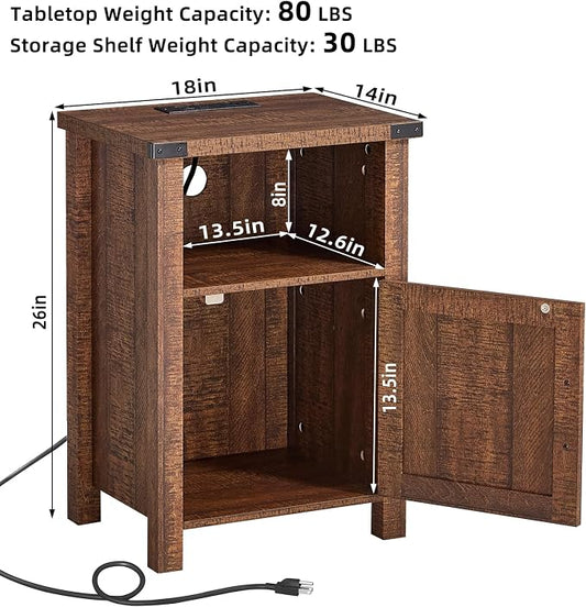 Joaxswe Night Stand with Charging Station and USB Port, 18 Inch Farmhouse Nightstand with Storage Shelf, Rustic Wood Bedside Table with Magnetic Door, Bed Side Tables for Bedroom, Reclaimed Barnwood
