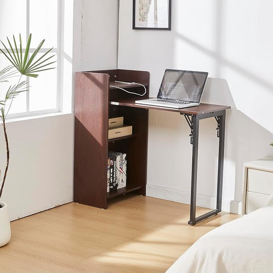 Fold Out Desk with Storage and Built-in Outlet, Mid Century Foldable Desk for Small Spaces, Hidden Folding Table for Home Office or Bedroom (Brown)