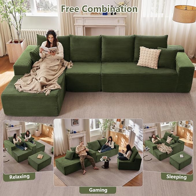 135" Cloud Sectional Couch with L-Shape Chaise, Modern Modular Comfy Sofa with Deep Seat, Upholstered Corduroy Couches Sleeper Chaise Longue for Living Room Bedroom, No Assembly Required, Green