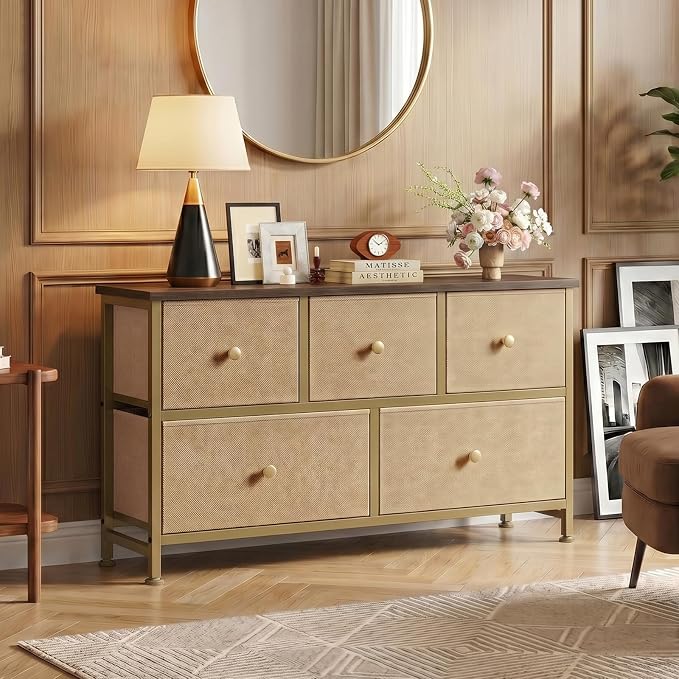 OLIXIS 5 Drawer Dresser for Bedroom, Storage Organizer for Closet, Khaki | Chest of Drawers for Clothes Storage with Bins, Wide Fabric Bedroom Dresser, Wooden Top, Living Room, Black Wood