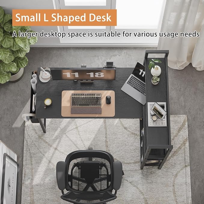 Treesland 47 Inch Computer Desk with Bookshelf, Corner Desk with Storage, L Shaped Desk, Home Office Desks, Writing Study Desk for Bedroom, Black
