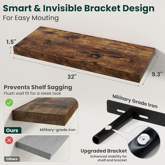 Floating Shelves for Wall 32 in x 9.3 in Deep, Wall Mounted Rustic Wood Shelf with Invisible Brackets for Storage & Display, Living Room Bedroom Bathroom, Brown, 2 Pack