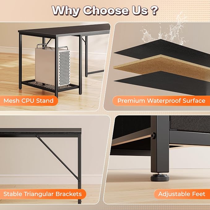 PRAISUN 66" L Shaped Gaming Desk with LED Lights & Power Outlets, Computer Desk with Fabric Drawers and Print Stand, Corner Office Desk, Monitor Stand, Mesh CPU Stand, Black