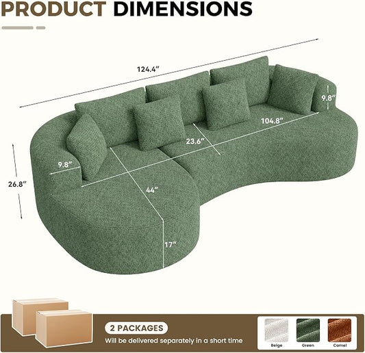 126" Oversized Curved Sectional Sofa for Living Room, Boneless Modern Couch with Chaise, Cloud Couch with 7 Pillows, No Assembly, Green 1PCS