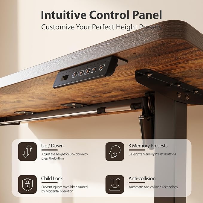 Cubiker Standing Desk, 63x28 Inches Sit Stand Home Office Desk, Electric Stand up Desk, Adjustable Desk with Splice Board, Black Frame/Rustic Brown Top