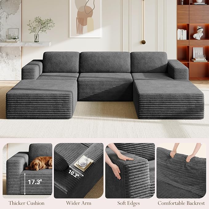Vesgantti 119" Oversized U-Shaped Modular Sectional Sofa, Corduroy Cloud Couch with Deep Seating & Spring Support, Convertible Sofa with 2 Ottomans, Boneless Couch, No Assembly Required, Grey
