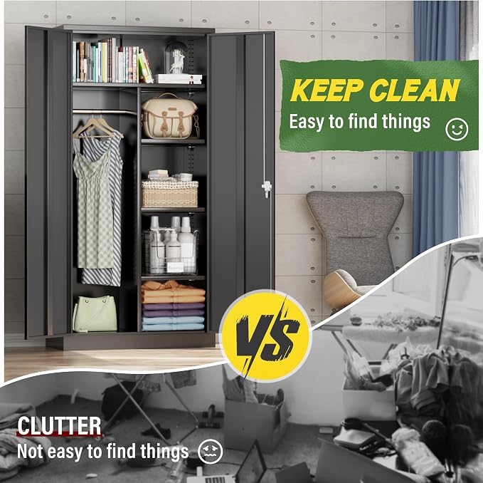 Greenvelly Metal Wardrobe Closet with Doors and Shelves,72" Black Armoire Wardrobe Closet for Hanging Clothes for Office, Home, School, Employee,Gym