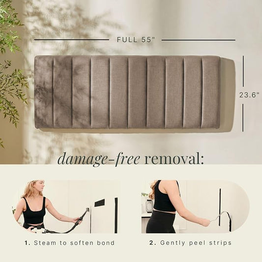 Hearth & Harbor Wall Mounted Full Headboard Only, Bed Headboard Full Size | Easy Assemble, Floating Peel & Stick, Upholstered Channel Stitched, 3D Wall Panels, 5 Strips of 3M Tape Included, Mocha Brown