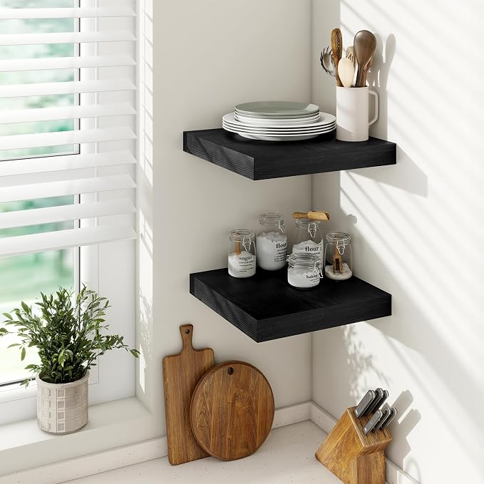 Vivelove 2" Thick Floating Shelves for Wall 12 Inches Long, 12" Deep Wall Shelves, for Bedroom, Bathroom, Living Room, Kitchen, Office, Modern Home Decor, 12" X 12" X 2", Set of 2, Black