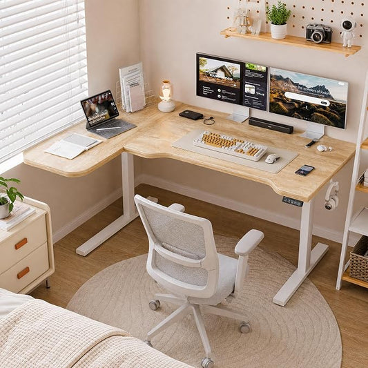 Grandder 47" L Shaped Standing Desk, Electric Height Adjustable Corner Stand Up Desk with Ergonomic Curved Round Corner for Small Apartment Home Office, Oak Desktop White Frame