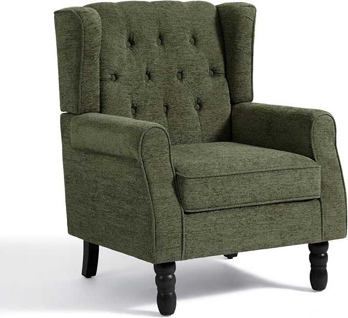 High Back Accent Chairs Set of 2, Upholstered Armchair Wingback Arm Chair for Living Room, Comfy Single Sofa Solid Wood Legs Bedroom Reading Seat - Green
