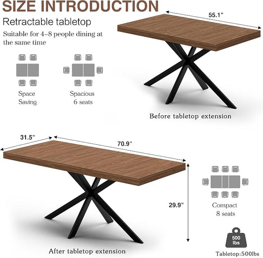 MECHYIN Extendable Dining Room Table for 4-6-8, 55''-70.9'' Wood Rectangle Expandable Dining Table with Hidden Storage, Space Saving Farmhouse Kitchen Table for Dining Room Kitchen Office,Walnut