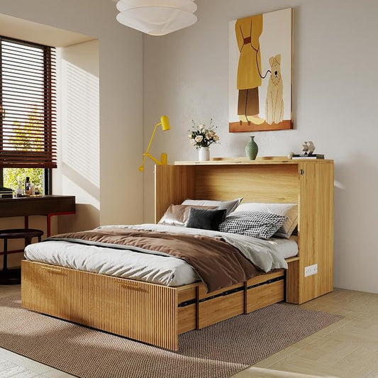 Full Size Murphy Bed Cabinet: Oak Folding Murphy Bed for Small Spaces, Wood Hidden Beds Cabinet with Charging Station, 2 in 1 Hideaway Beds Cabinets (Oak-Stripe)