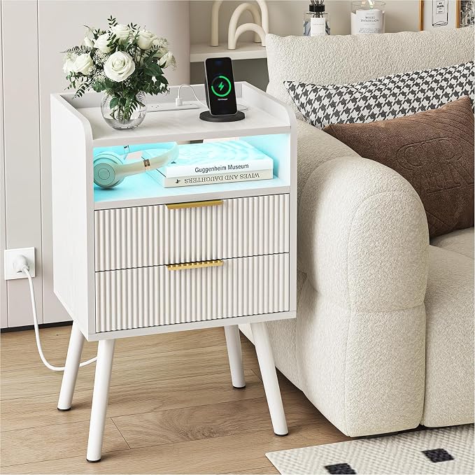 Fixwal White Fluted Nightstand with Charging Station, LED Night Stand with 2 Wood Drawers for Bedroom, Modern Bedside Table, 15.7 x 11.8 x 25.6in