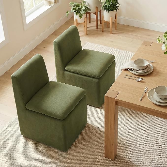 KISLOT Upholstered Dining Chairs Set of 4 with Casters, Modern Armless Kitchen Chairs with Removable Washable Cover, Chenille Velvet Fabric, Sturdy Metal & Wood Frame, 19.5" Seat Height, Green