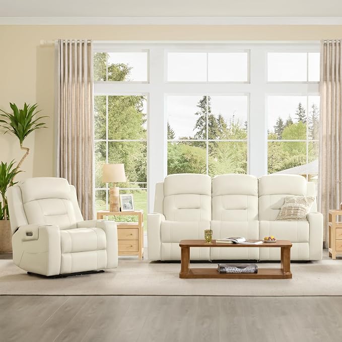 Watson & Whitely Genuine Leather Power Loveseat and Recliner Sofa Set, Lay Flat Reclining Couch with Console, Power Headrest, USB & Wireless Charging, Cup Holders for Living Room, Cream