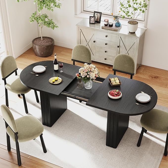 Zevemomo 62.99"-78.74" Oval Expandable Dining Table, Extendable Dining Room Table for 4-8 People with Wooden Strip Base, Modern Kitchen Table with Slide Metal Track, for Family Living Room-Black