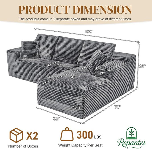 108" L Shaped Boneless Sectional Couches for Living Room, Comfy Corduroy Floor Cloud Sofa with Chaise, Wide Armrest, Deep Seat, Memory Foam, Assembly Free, Ideal for Small Spaces, Grey
