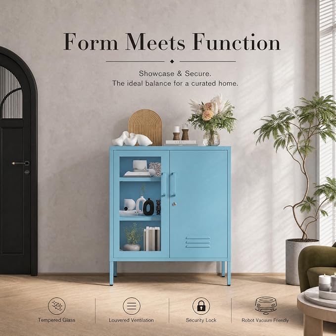 Lockable Metal Storage Cabinet Locker Adjustable Shelves, Multifunctional Versatile Storage Lockers, Easy Assembly Durable Metal Sideboard Furniture for Bedroom Home Office Blue