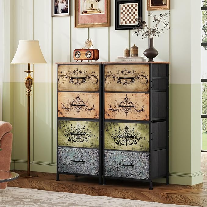 WLIVE Dresser with 4 Drawers, Storage Tower, Organizer Unit, Fabric Dresser for Bedroom, Hallway, Entryway, Closets, Sturdy Steel Frame, Wood Top, Easy Pull Handle, Pattern